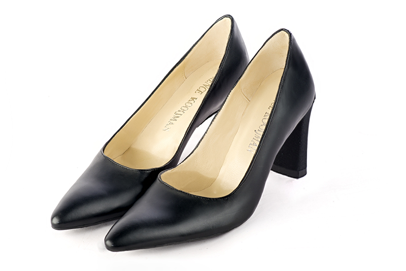 Satin black women's dress pumps,with a square neckline. Tapered toe. High comma heels. Front view - Florence KOOIJMAN